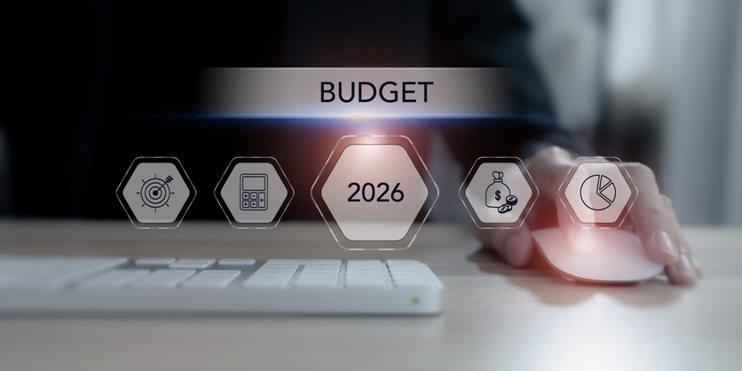 2026 Budget planning and financial management concept. Using  computer for budget planning and allocation. Effective budgeting. Plan, review, approve, allocate, analyze, optimize budgets.